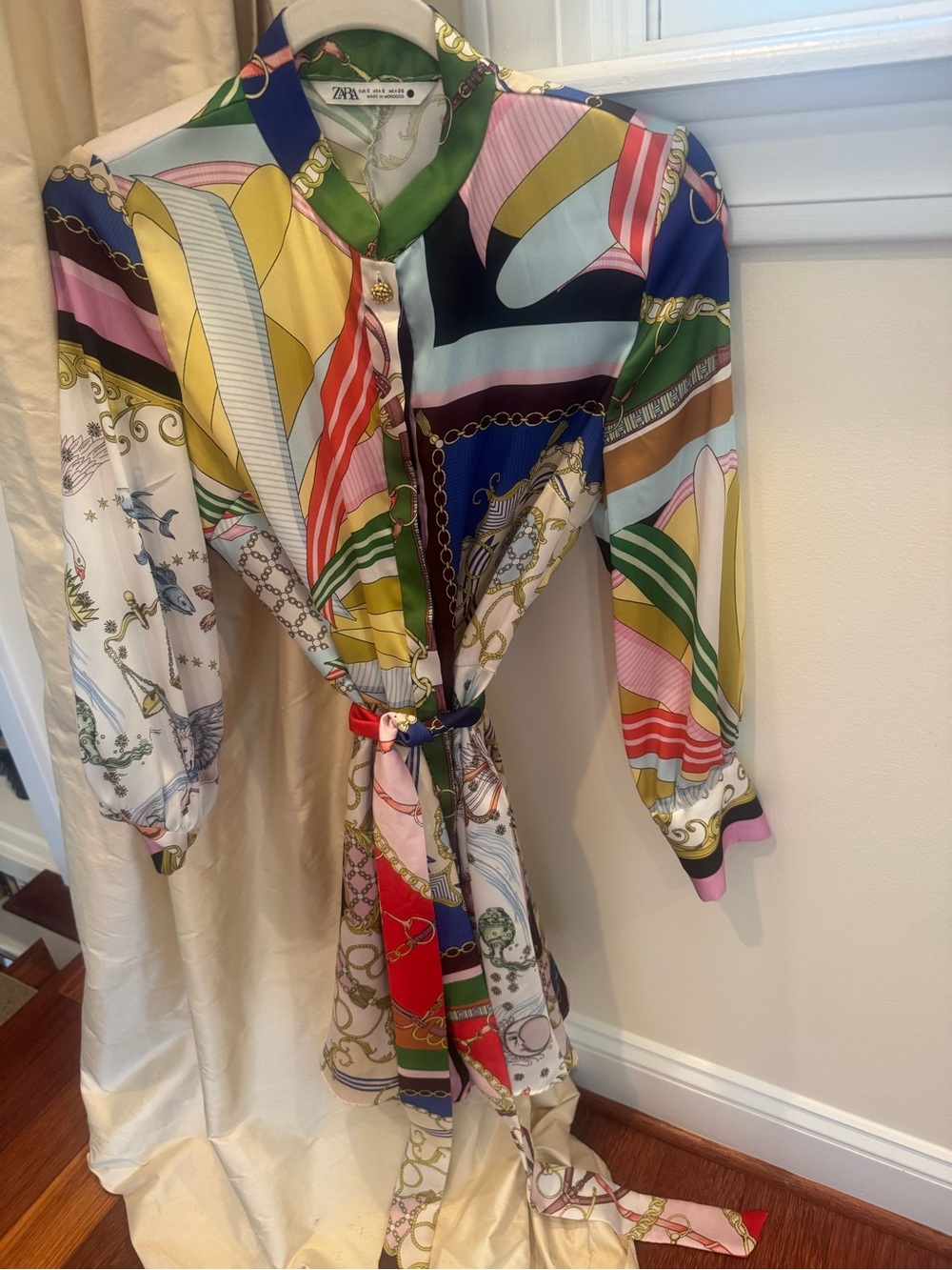Zara Multicolor Scarf-Print Satin Shirt Dress size small